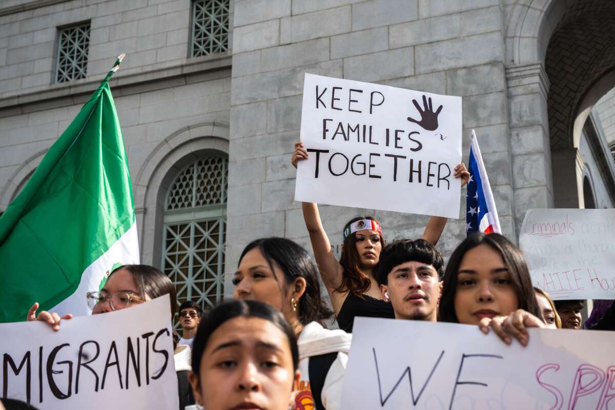 Students walk out of class in protest of Donald Trump's immigration policies on February 4, 2025, at Los Angeles City Hall.