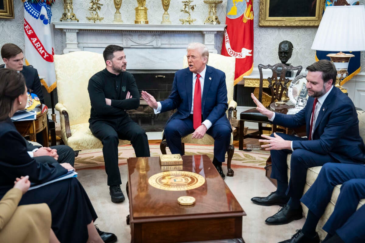 President Donald Trump meets with Ukrainian President Volodymyr Zelenskyy in the Oval Office at the White House on February 28, 2025, in Washington, D.C.