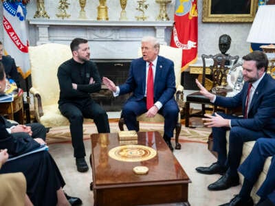 President Donald Trump meets with Ukrainian President Volodymyr Zelenskyy in the Oval Office at the White House on February 28, 2025, in Washington, D.C.