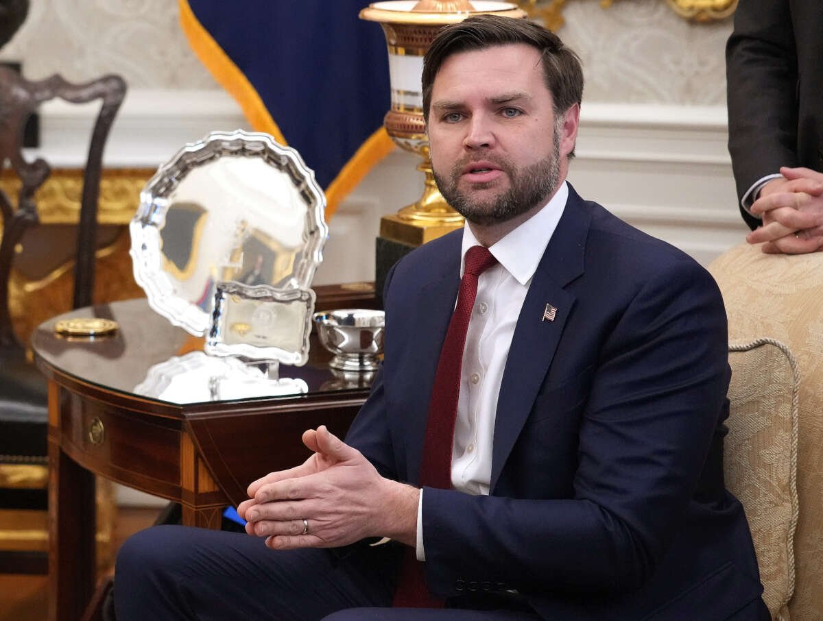 Vice President J.D. Vance speaks during a meeting with President Donald Trump and Ukrainian President Volodymyr Zelensky in the Oval Office at the White House on February 28, 2025, in Washington, D.C.