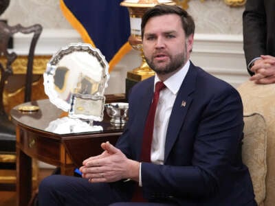 Vice President J.D. Vance speaks during a meeting with President Donald Trump and Ukrainian President Volodymyr Zelensky in the Oval Office at the White House on February 28, 2025, in Washington, D.C.