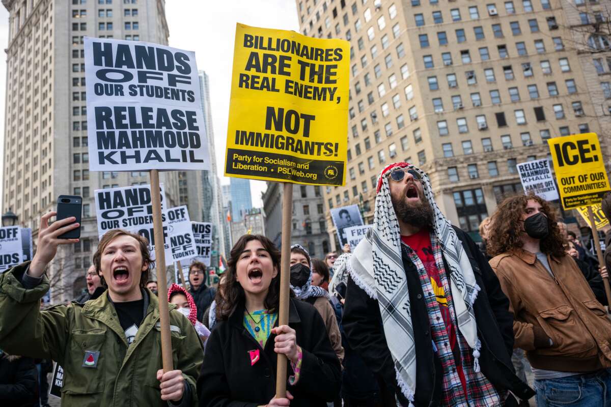 Hundreds protest the arrest and detention of Mahmoud Khalil outside a New York court on March 12, 2025, in New York City.