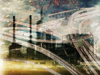 Double exposure of highway and power plant