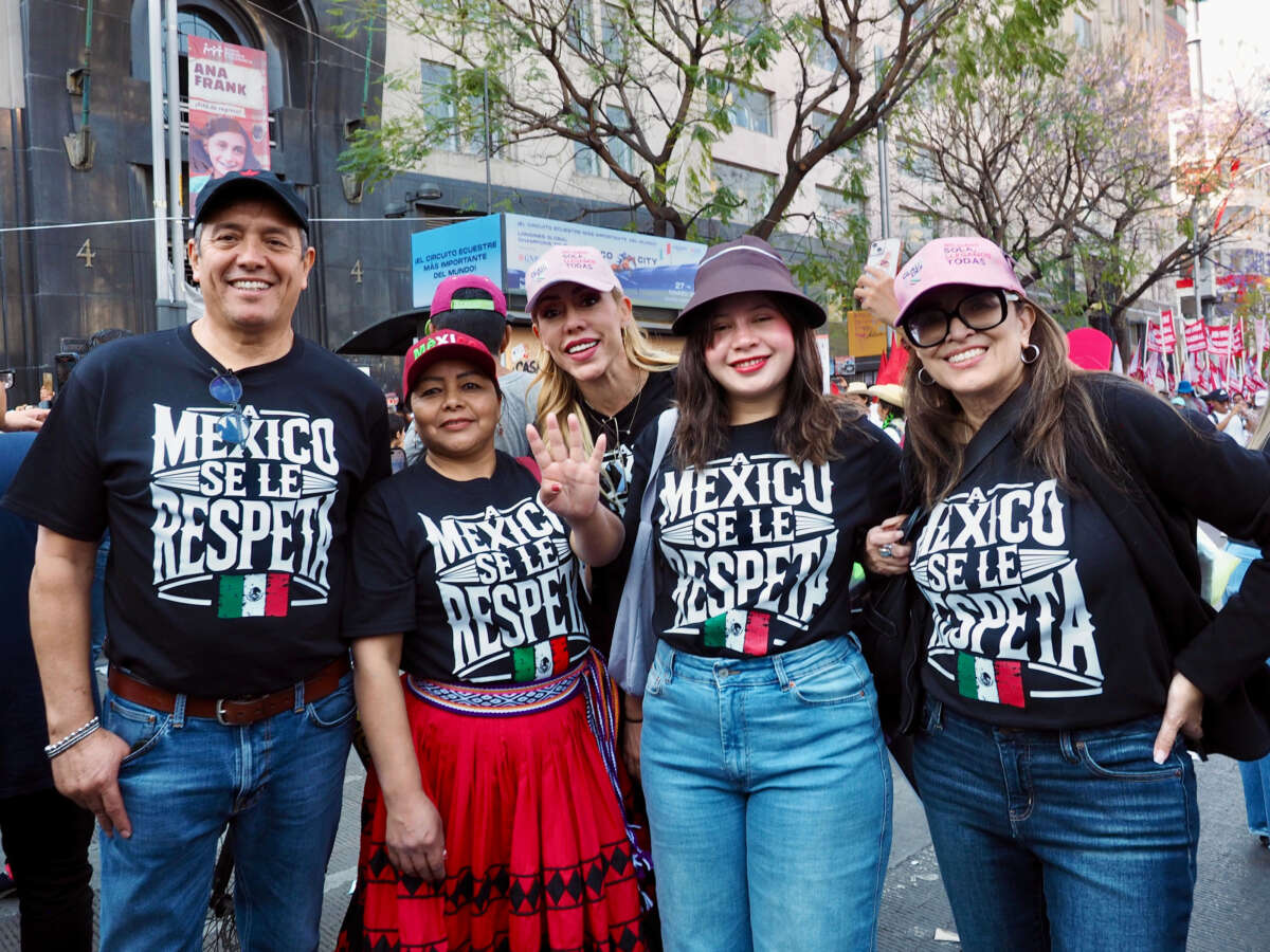 A group of local legislators from the state of Chihuahua wearing shirts that read “Mexico Must Be Respected” pose on Juarez Avenue in Mexico City on Sunday, March 9, 2025.