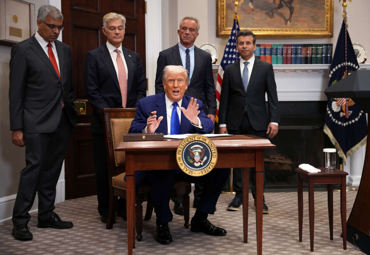 President Donald Trump speaks as he signs an executive order aimed at reducing the cost of prescription drugs and pharmaceuticals during an event in the Roosevelt Room of the White House on May 12, 2025, in Washington, D.C.