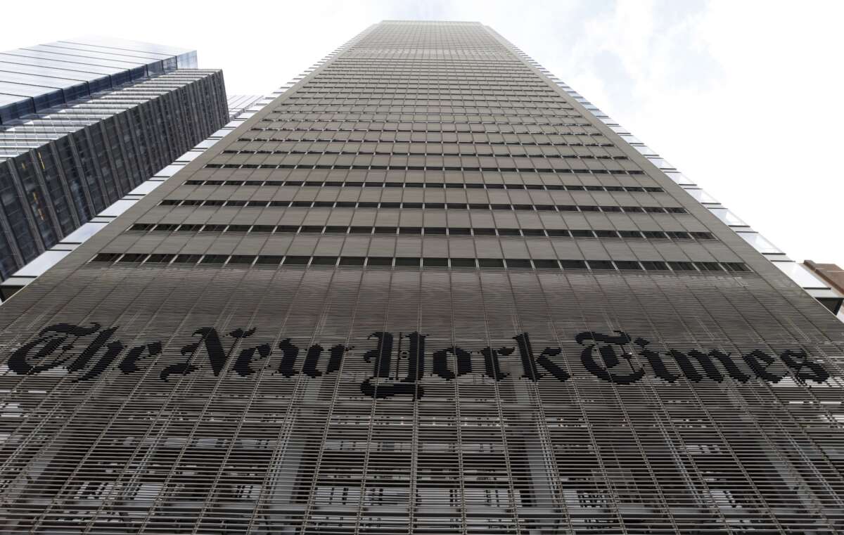 The corporate logo for the New York Times is displayed on the front of their building on 8th Avenue on December 30, 2023, in New York City.