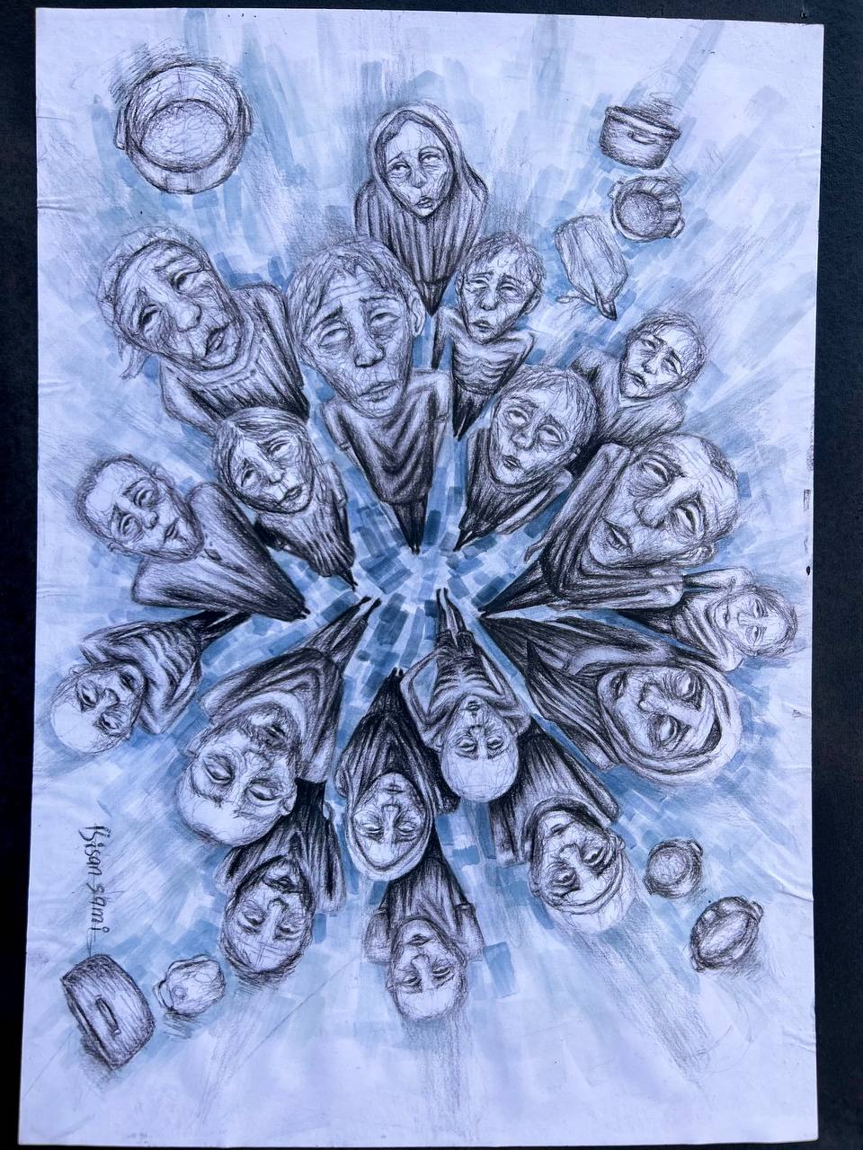 Un dibujo de carbón muestra a varias personas que parecen estar demacradas mirando en apuros.