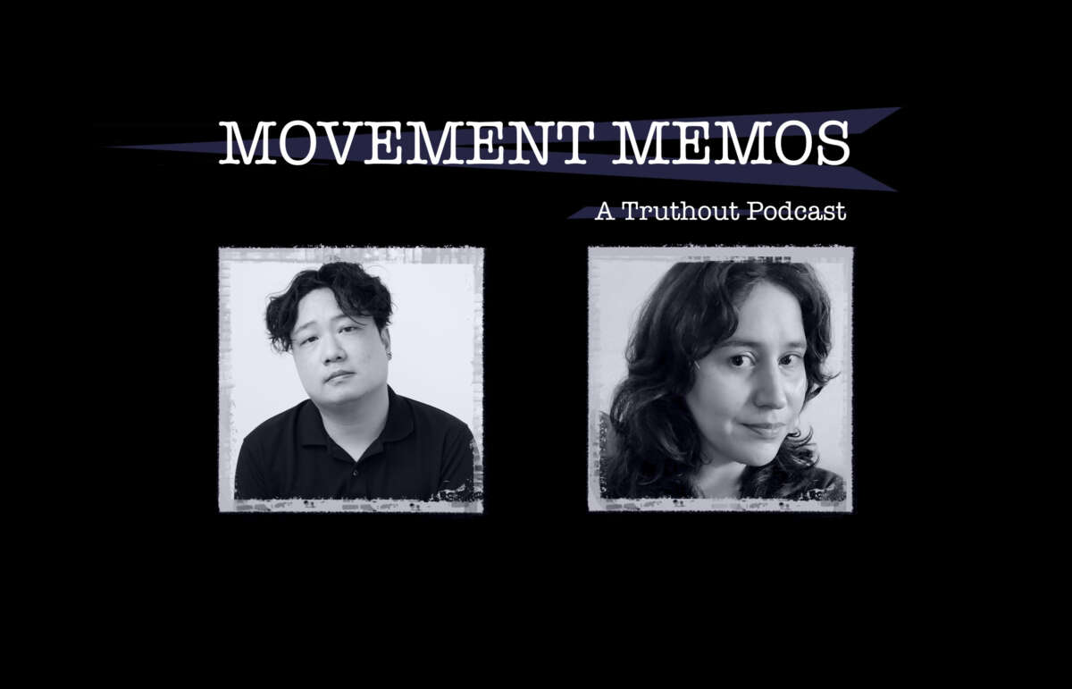 Movement Memos, a Truthout podcast - banner image featuring guest Andrew Lee and host Kelly Hayes.