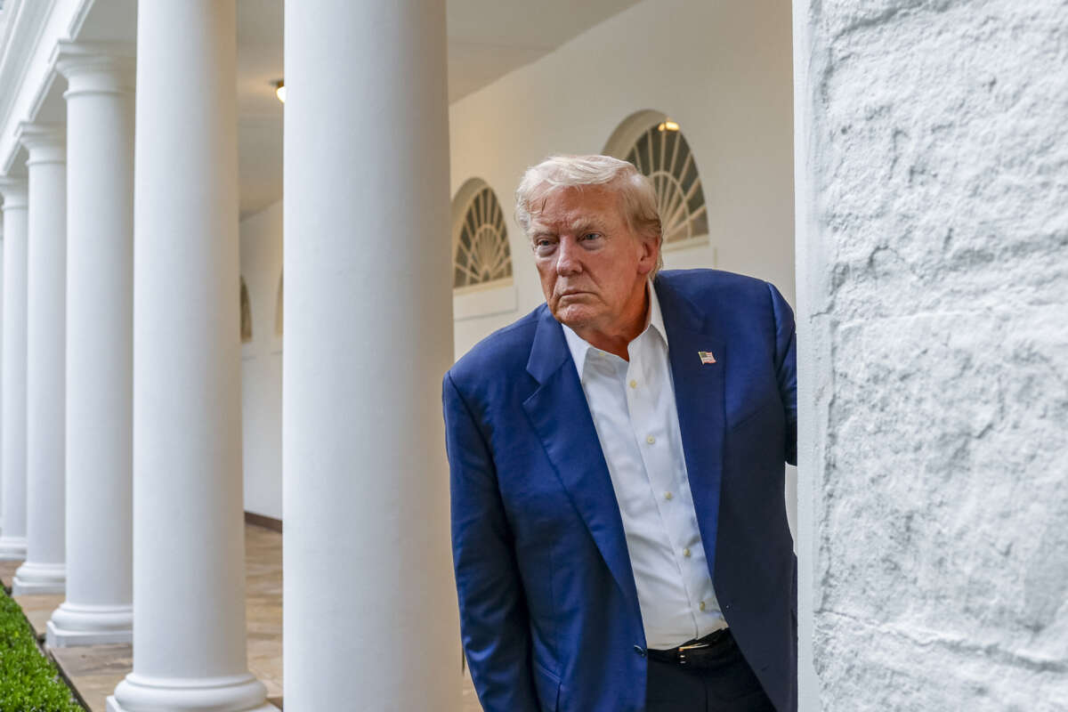 U.S. President Donald Trump speaks to press near the Rose Garden on July 29, 2025.