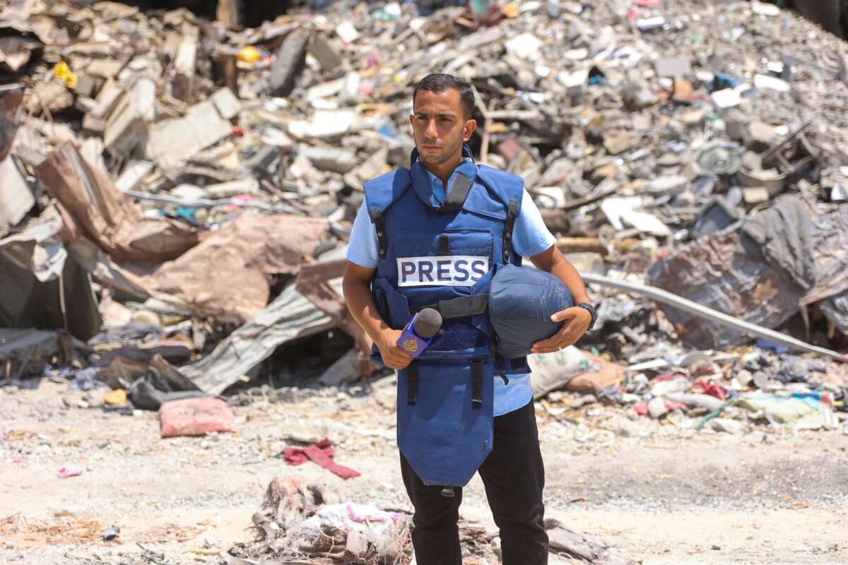Al-Jazeera correspondent Anas al-Sharif reports near the Arab Ahli (Baptist) Hospital in Gaza City on October 10, 2024. Qatari broadcaster Al Jazeera said on August 11, 2025, that five of its journalists were killed in an Israeli strike.