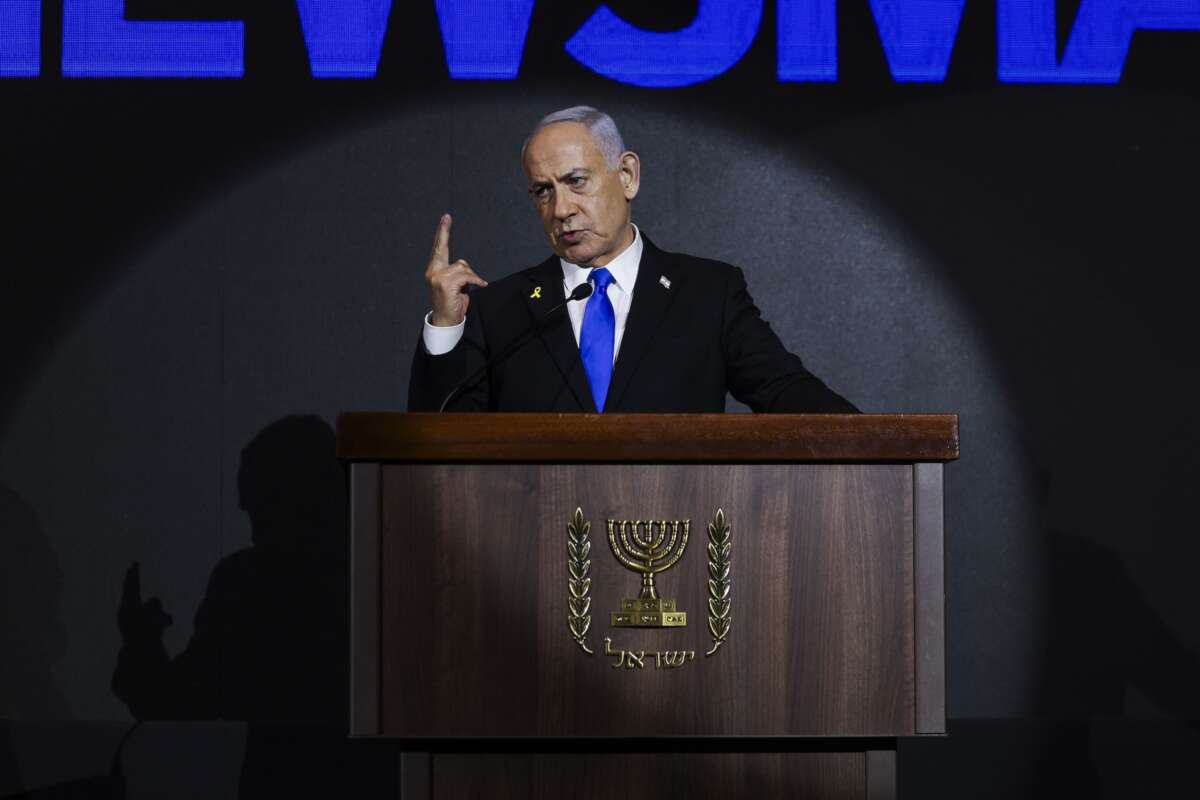 Israeli Prime Minister Benjamin Netanyahu delivers a statement during the U.S. Independence Day reception, known as the annual "Fourth of July" celebration, hosted by Newsmax in Jerusalem on August 13, 2025.