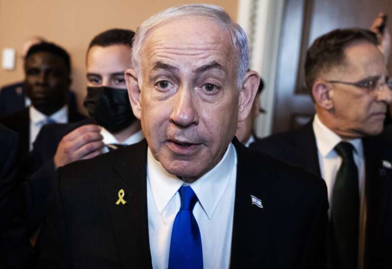 Israeli Prime Minister Benjamin Netanyahu talks with reporters before a bipartisan meeting with senate leaders in the U.S. Capitol on Wednesday, July 9, 2025.