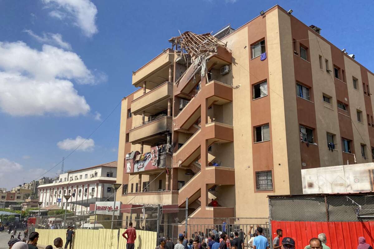 Palestinians gather outside Nasser hospital in Khan Yunis in the southern Gaza Strip on August 25, 2025, following Israeli strikes.