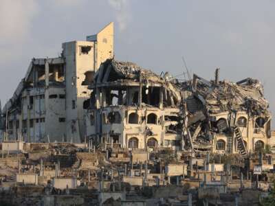 The destroyed Gaza municipality building in Gaza City, on August 26, 2025.