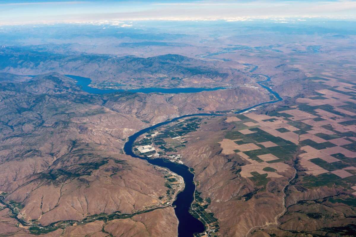 Aerial view of Columbia River and Lake Chelan, Washington.