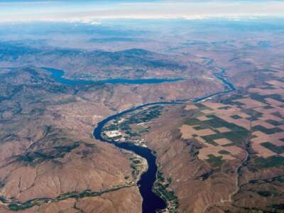 Aerial view of Columbia River and Lake Chelan, Washington.
