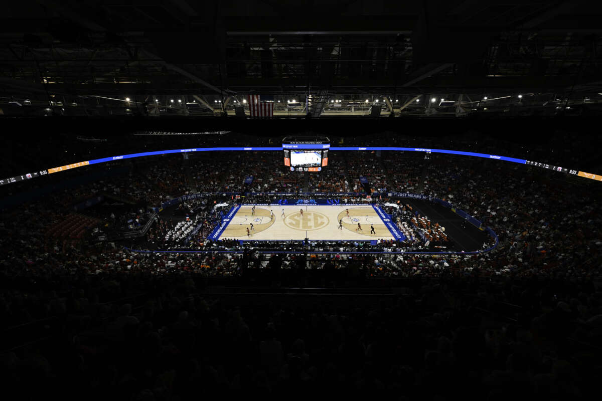 A general view of the arena as the South Carolina Gamecocks play the Texas Longhorns in the first quarter during the championship of the SEC women's basketball tournament at Bon Secours Wellness Arena on March 9, 2025, in Greenville, South Carolina.