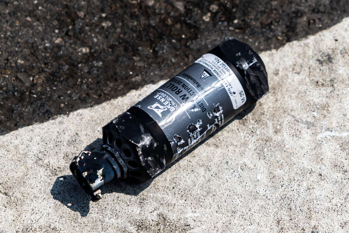 A used tear gas canister sits on the pavement in Boyle Heights, Los Angeles, California, on June 11, 2025.