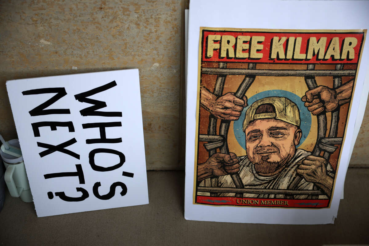 Supporting signs are displayed outside the U.S. District Court for Maryland during a hearing on Kilmar Abrego Garcia's case on July 10, 2025, in Greenbelt, Maryland.