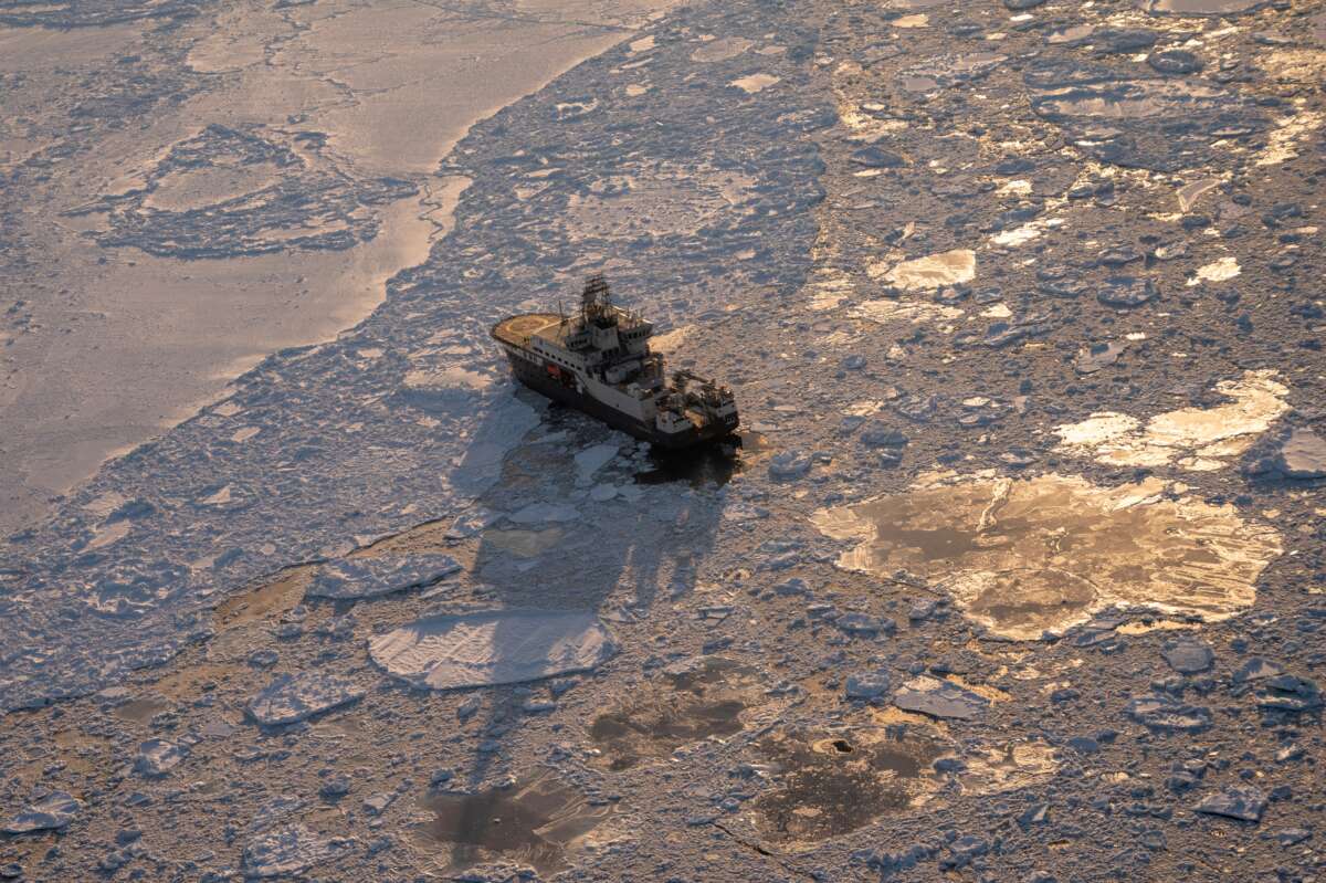 The scientific ice-going "Kronprins Haakon" ship sailing through the sea ice in eastern Spitzbergen, in the Svalbard archipelago, on April 15, 2025.