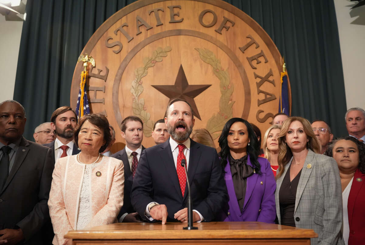 Speaker of the House Dustin Burrows speaks at a news conference at the state Capitol in Austin, Texas, on August 4, 2025, after most Democratic state representatives left Texas to break quorum and block a vote on a Republican plan for congressional redistricting.