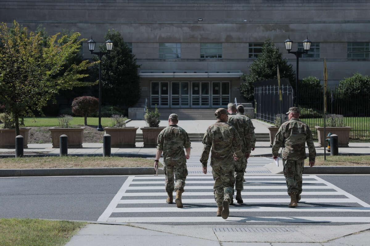Members of the National Guard arrive at the Guard’s headquarters at the D.C. Armory on August 12, 2025, in Washington, D.C.