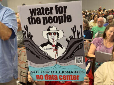 A person is holding a sign that reads, "Water for the People, not for billionaires. No Data Center."