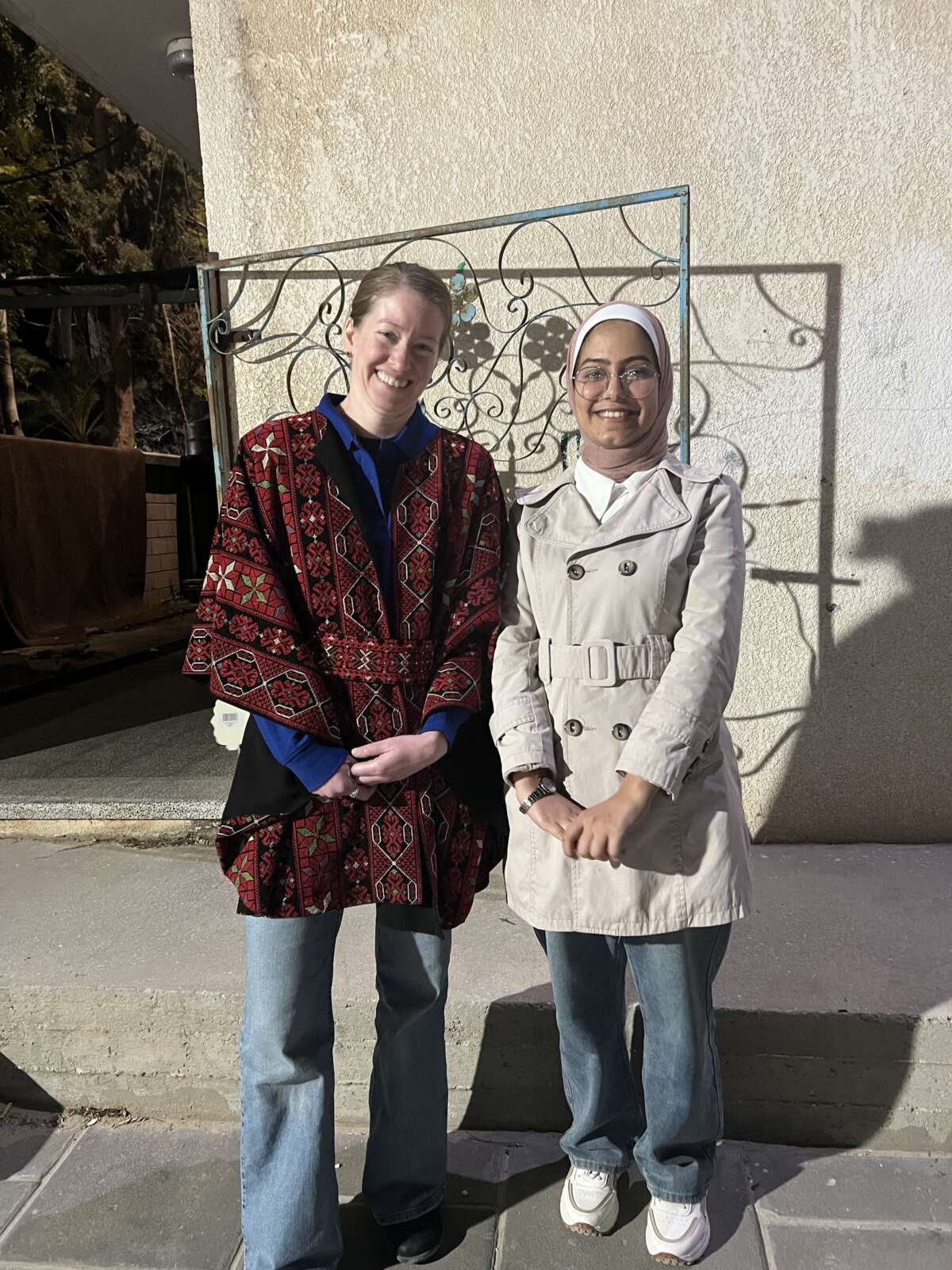 Dr. Alison Kinning with the author in the courtyard of the European Gaza Hospital in Khan Younis on March 17, 2025.