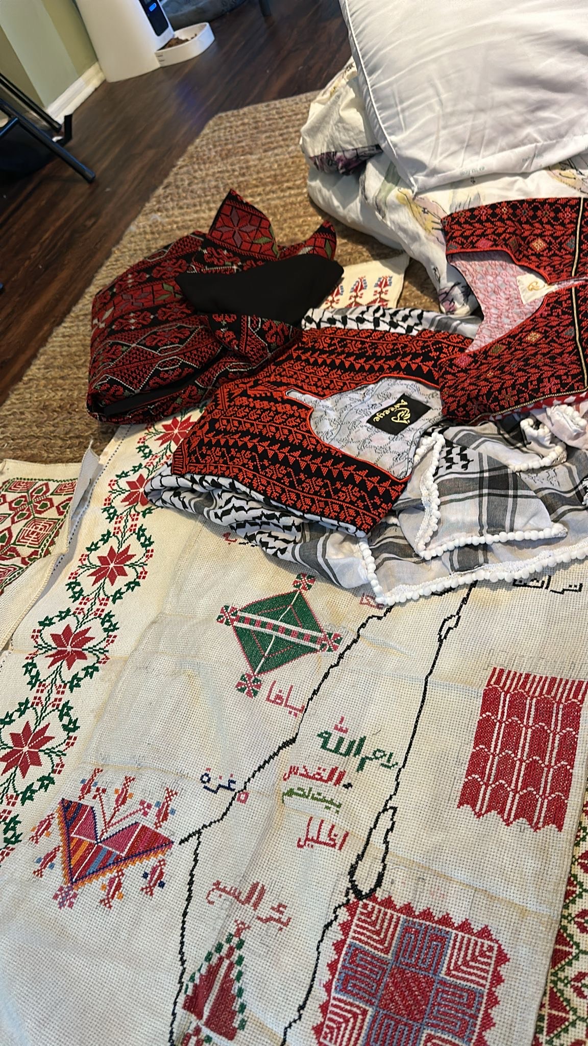 Gifts the author and her family sent to her sister in the U.S. The pockets bear the name of a local shop for embroidered clothes in Gaza.