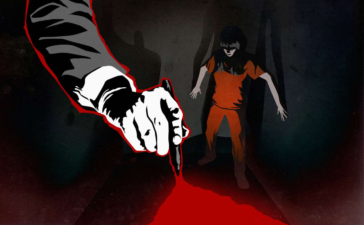 Illustration of a woman prisoner backed against the walls of a dark cell as a massive wrinkled arm reaches down with a pen, opening a red chasm below her.
