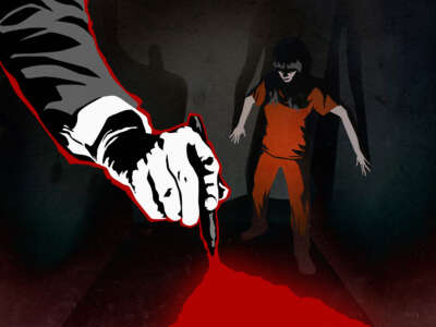 Illustration of a woman prisoner backed against the walls of a dark cell as a massive wrinkled arm reaches down with a pen, opening a red chasm below her.