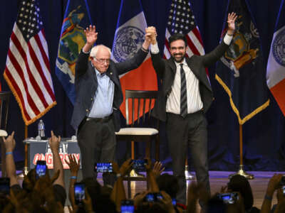 Vermont Sen. Bernie Sanders and New York City mayoral candidate Zohran Mamdani at the town hall in Brookly