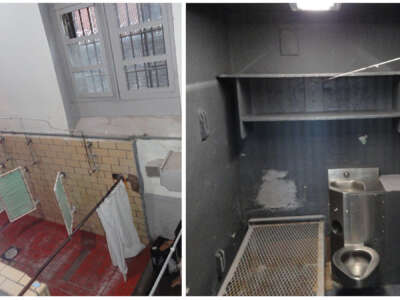 Shower stalls and a cell at New Jersey State Prison's West Compound.
