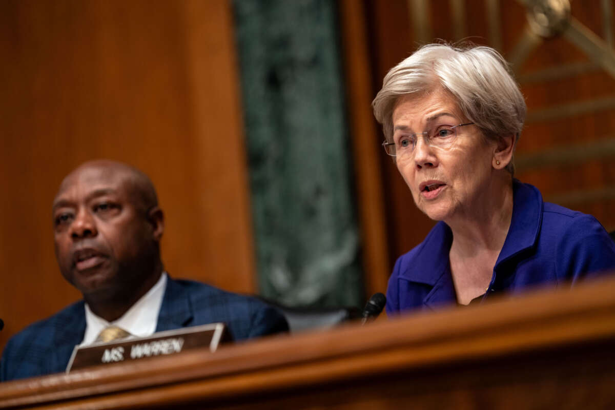 Sen. Elizabeth Warren (D-Massachusetts) speaks at a Senate Committee on Banking, Housing, and Urban Affairs hearing.