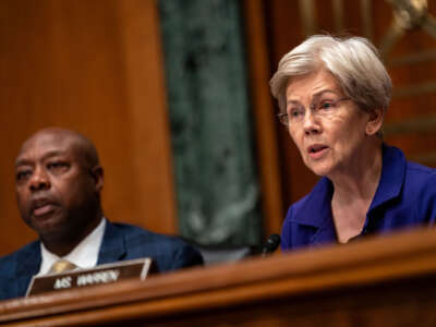 Sen. Elizabeth Warren (D-Massachusetts) speaks at a Senate Committee on Banking, Housing, and Urban Affairs hearing.