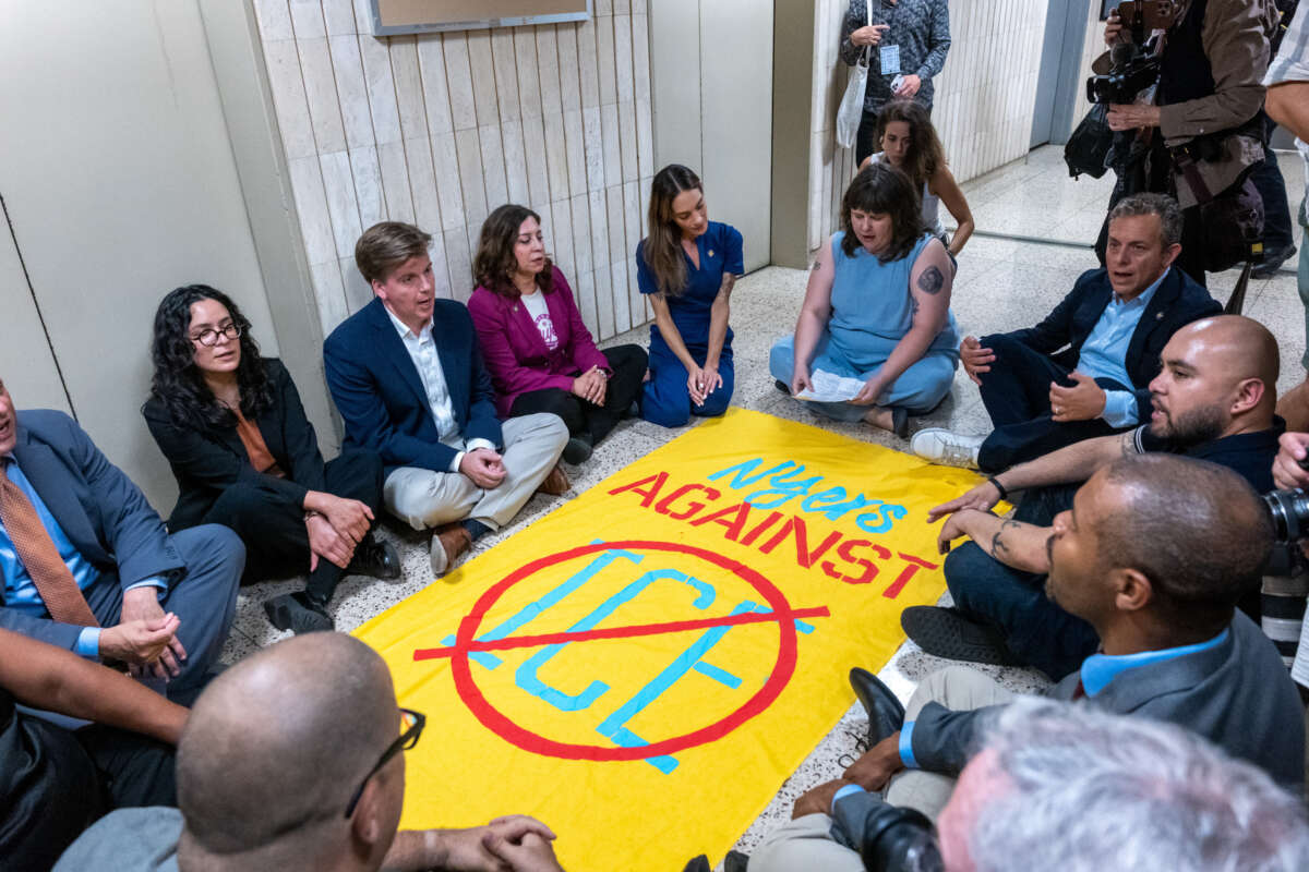 Comptroller Brad Lander joins 11 local elected officials inside lower Manhattan’s federal building, demanding access to an Immigration and Customs Enforcement (ICE) holding area on the building’s 10th floor on September 18, 2025, in New York City.