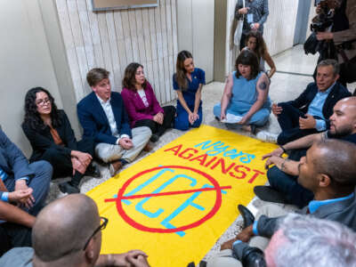 Comptroller Brad Lander joins 11 local elected officials inside lower Manhattan’s federal building, demanding access to an Immigration and Customs Enforcement (ICE) holding area on the building’s 10th floor on September 18, 2025, in New York City.