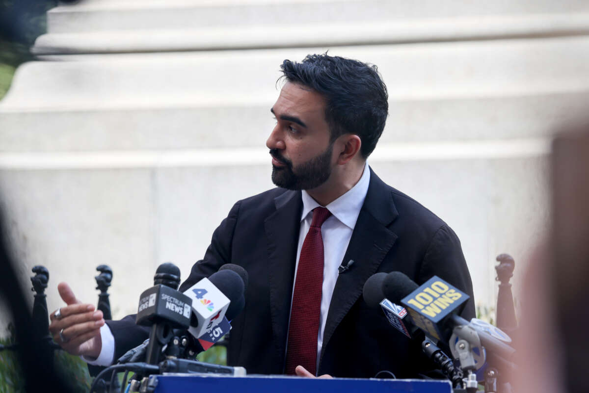 Democratic mayoral nominee and state Assemblyman Zohran Mamdani speaks to the media at a press event.