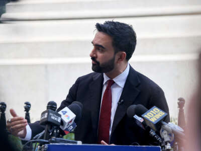 Democratic mayoral nominee and state Assemblyman Zohran Mamdani speaks to the media at a press event.