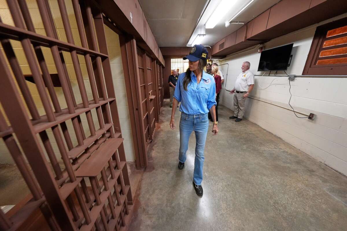 Homeland Security Secretary Kristi Noem tours "Camp 57," a facility to house immigration detainees at the Louisiana State Penitentiary in Angola, Louisiana.