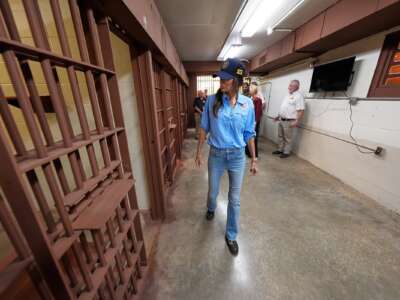 Homeland Security Secretary Kristi Noem tours "Camp 57," a facility to house immigration detainees at the Louisiana State Penitentiary in Angola, Louisiana.