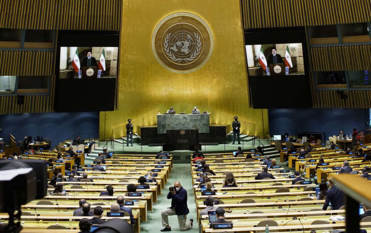 Iran's President Ebrahim Raisi remotely addresses the 76th Session of the U.N. General Assembly by pre-recorded video in New York City, U.S., September 21, 2021.