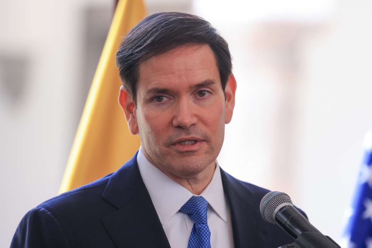 Secretary Marco Rubio speaks during a press conference on September 4, 2025 in Quito, Ecuador.