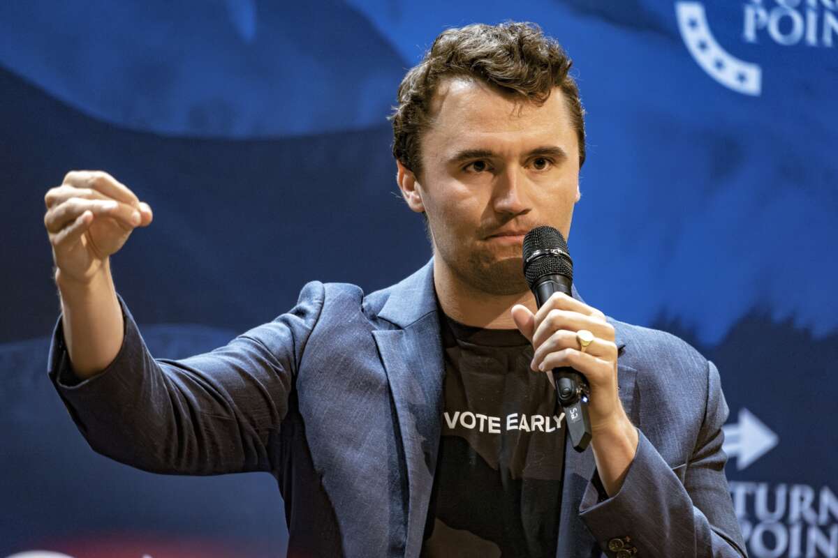 Conservative political activist Charlie Kirk, founder of Turning Point Action, speaks during a meeting on the campus of the University of Arizona in Tucson on October 17, 2024.