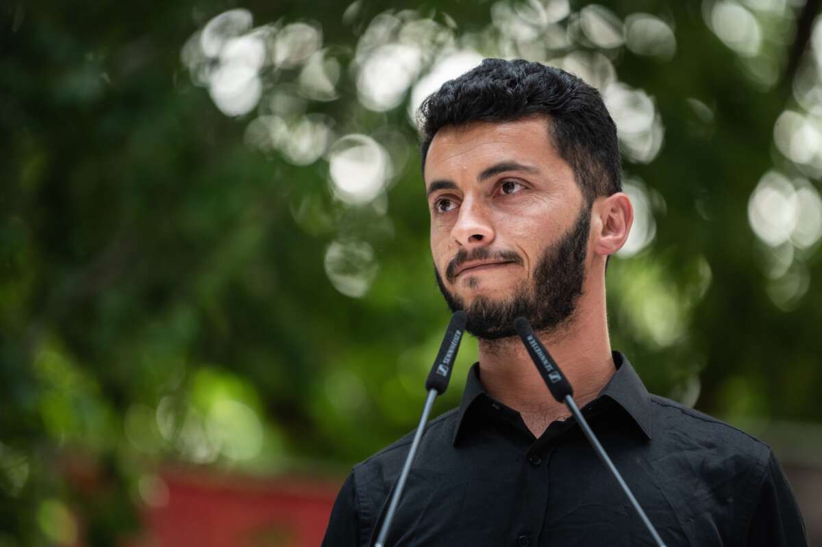 Filmmaker and Oscar awarded Basel Adra speaks during the “Stop Genocide, Free Palestine” event in Madrid in June 2025.