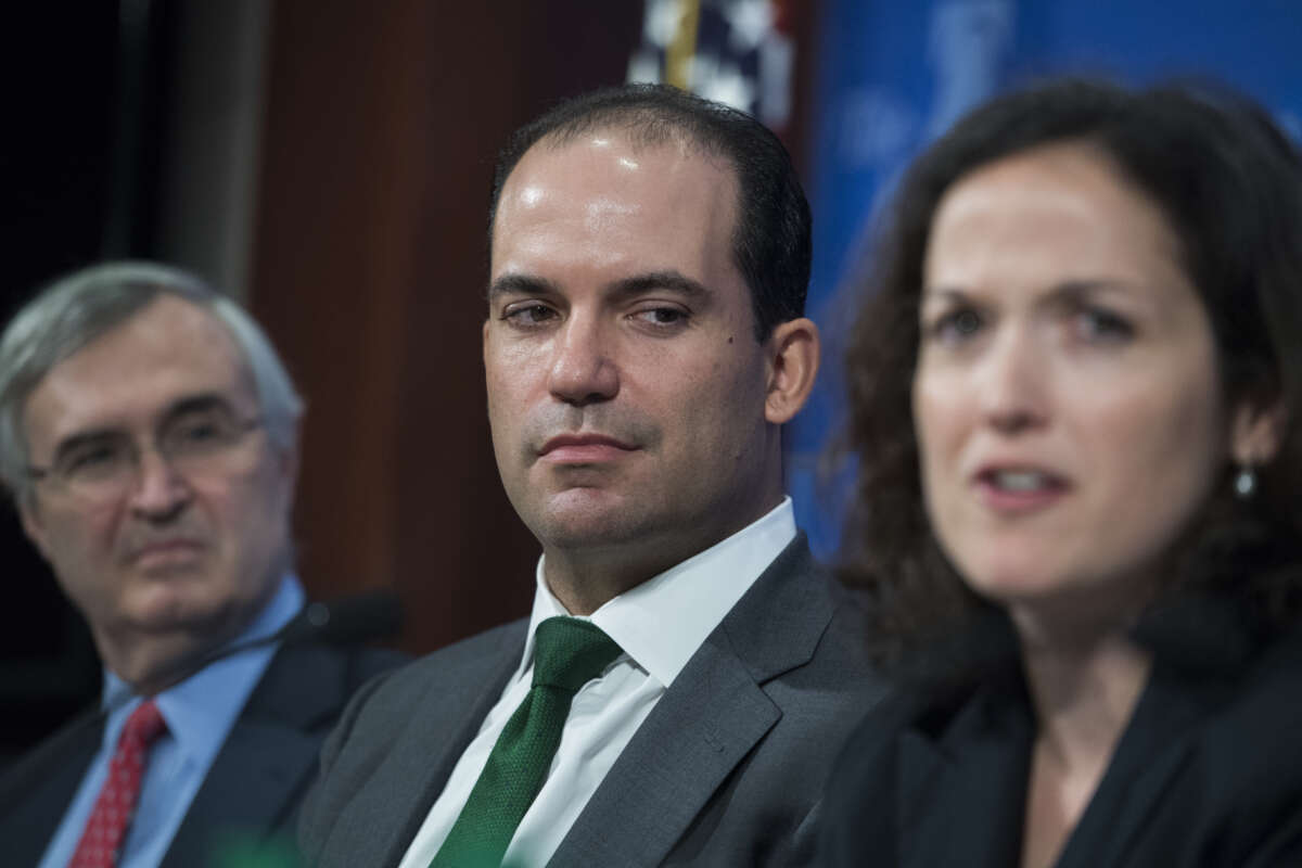 Roman Martinez, center, and Sarah Pitlyk, former law clerks for Supreme Court Justice Brett Kavanaugh, attend an event at the Heritage Foundation on August 9, 2018.