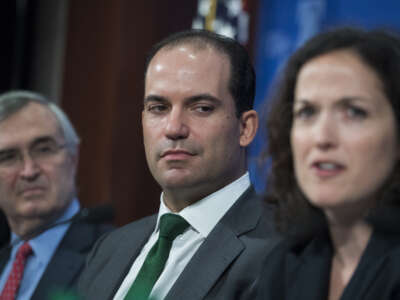 Roman Martinez, center, and Sarah Pitlyk, former law clerks for Supreme Court Justice Brett Kavanaugh, attend an event at the Heritage Foundation on August 9, 2018.