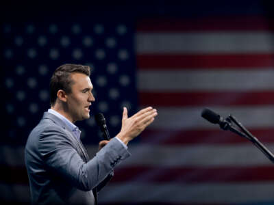 Charlie Kirk, who founded Turning Point USA, speaks before former President Donald Trump's arrival during a Turning Point USA Believers Summit conference at the Palm Beach Convention Center on July 26, 2024, in West Palm Beach, Florida.