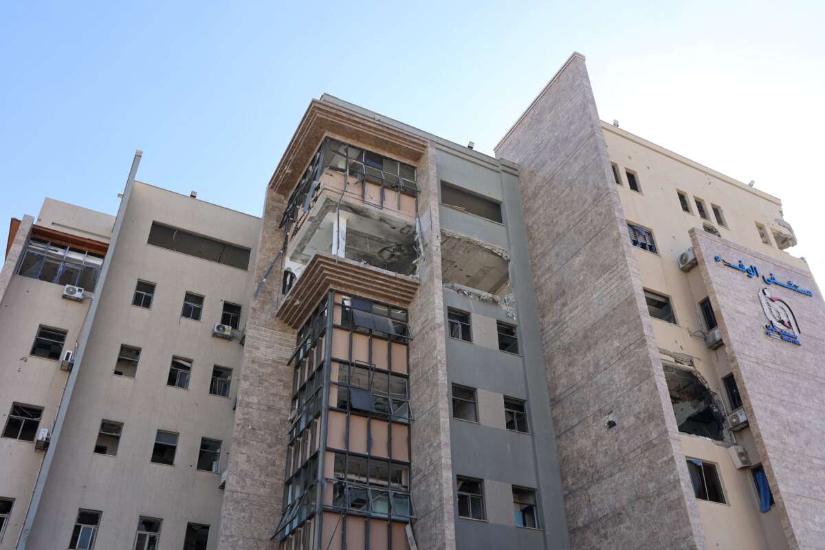 This picture from December 29, 2024, shows the damage Israeli forces inflicted on the al-Wafa Hospital in the central Gaza Strip.