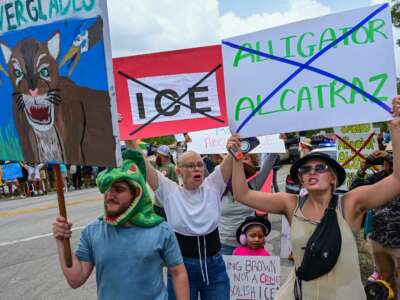 Demonstrators protest the construction of the immigrant detention center dubbed "Alligator Alcatraz" in the Everglades near Ochopee, Florida, on June 28, 2025.